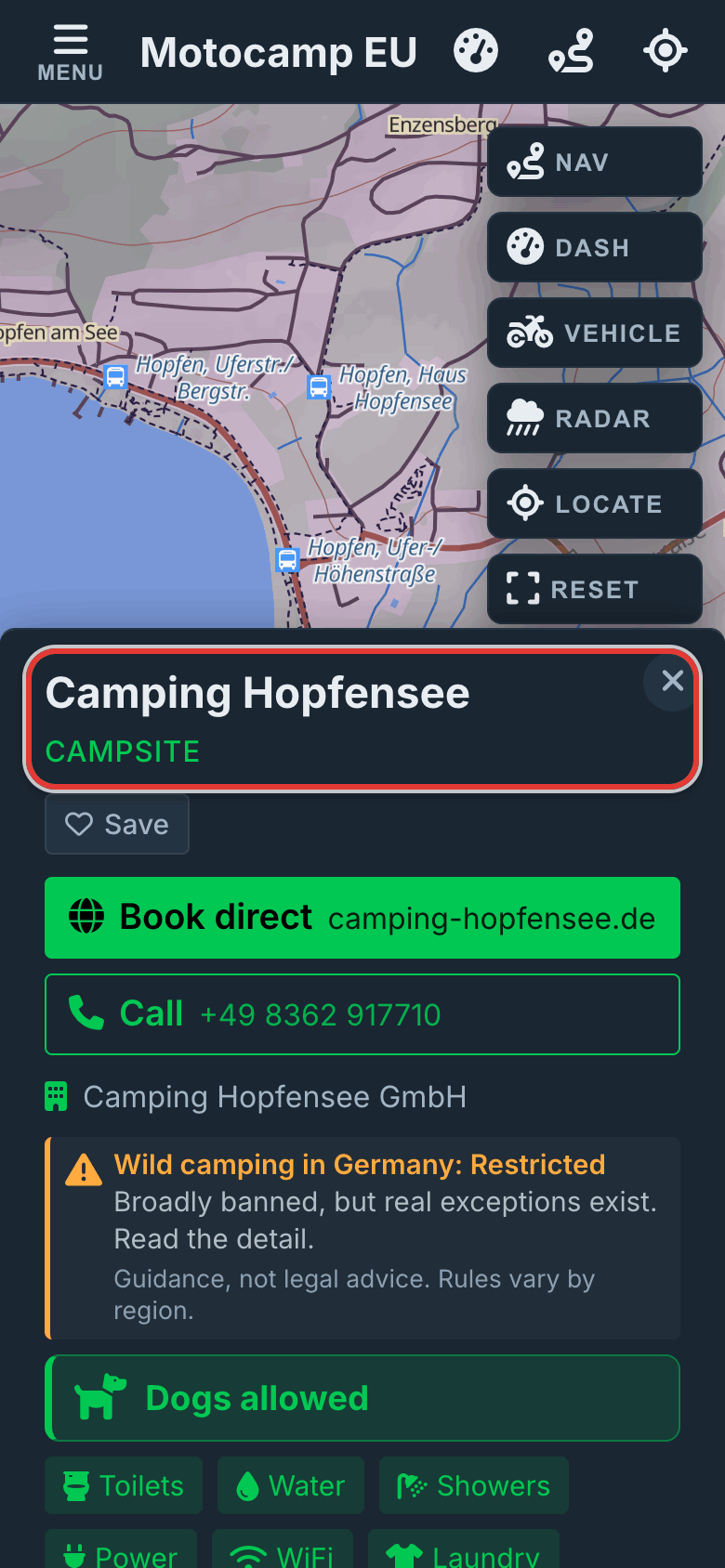 Tap a campsite on the map, on a phone