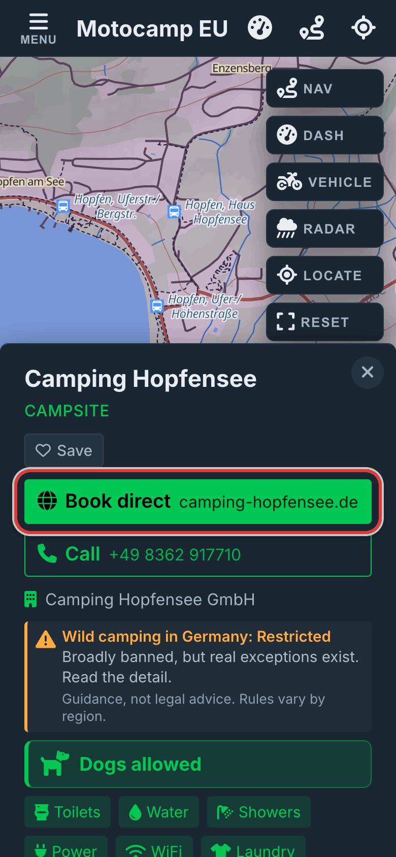 Tap Book direct, on a phone