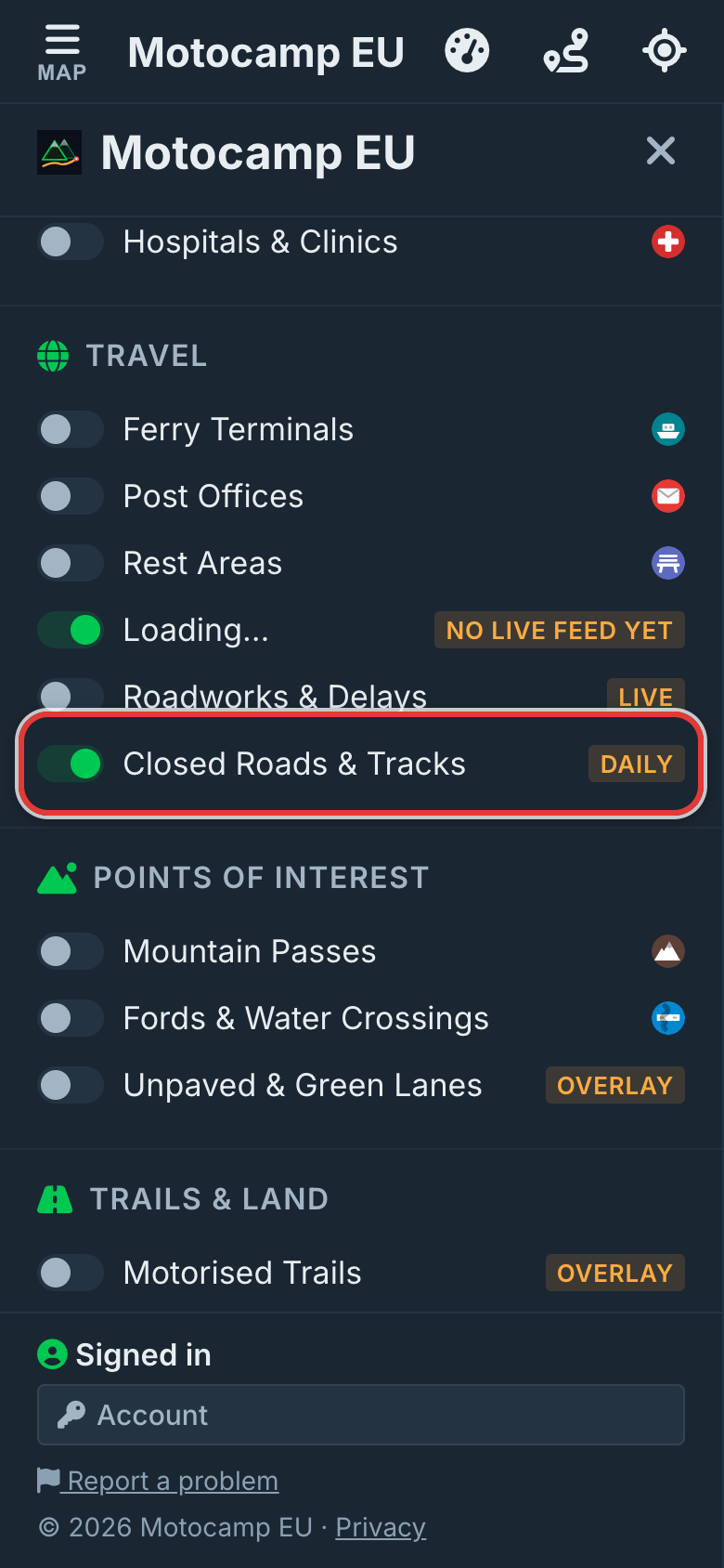 See closed roads on the map, on a phone