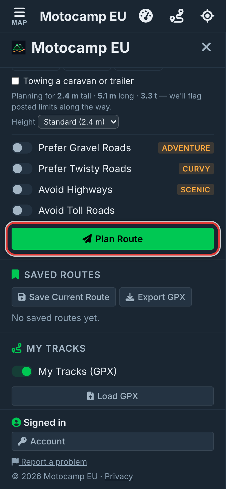 Pick your vehicle, then Plan Route, on a phone