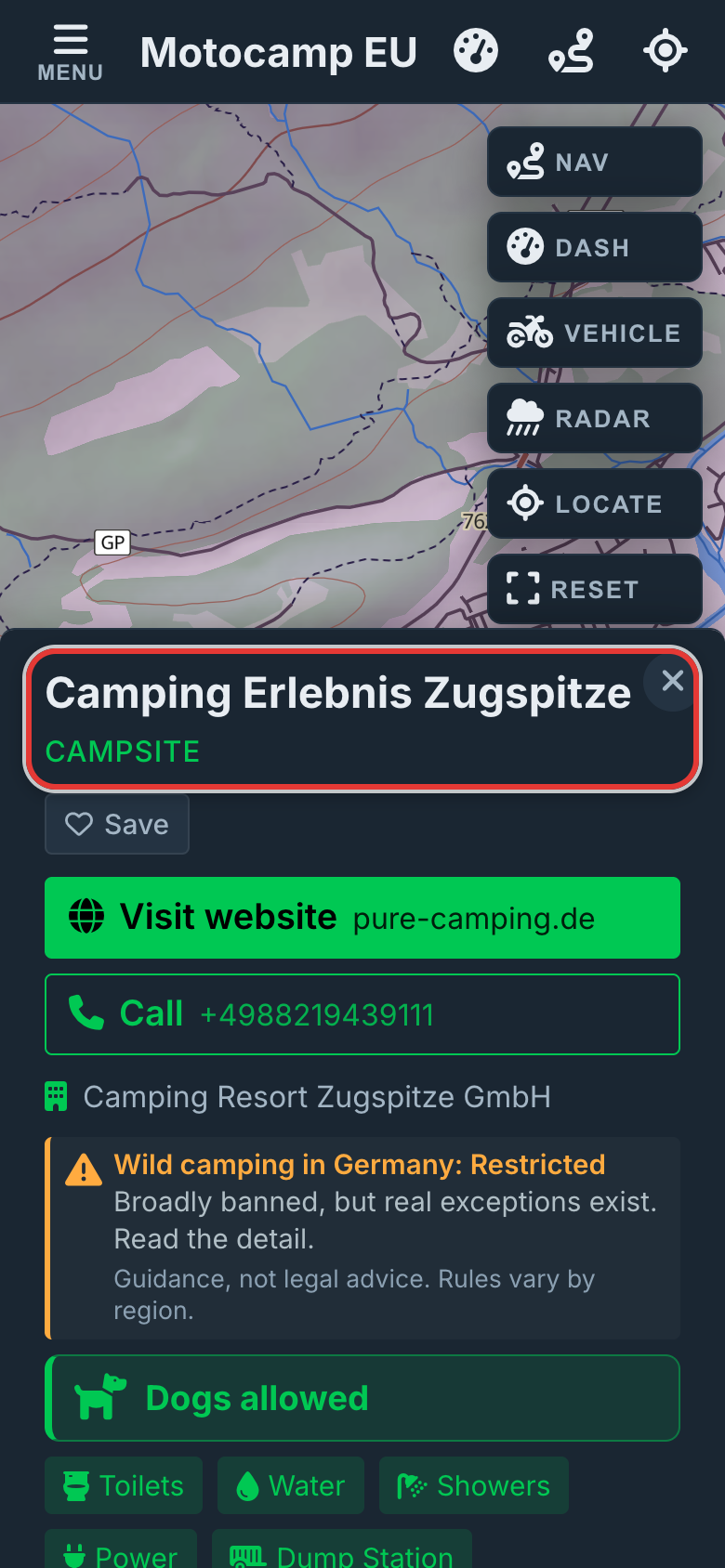 Tap a pin to see its card, on a phone