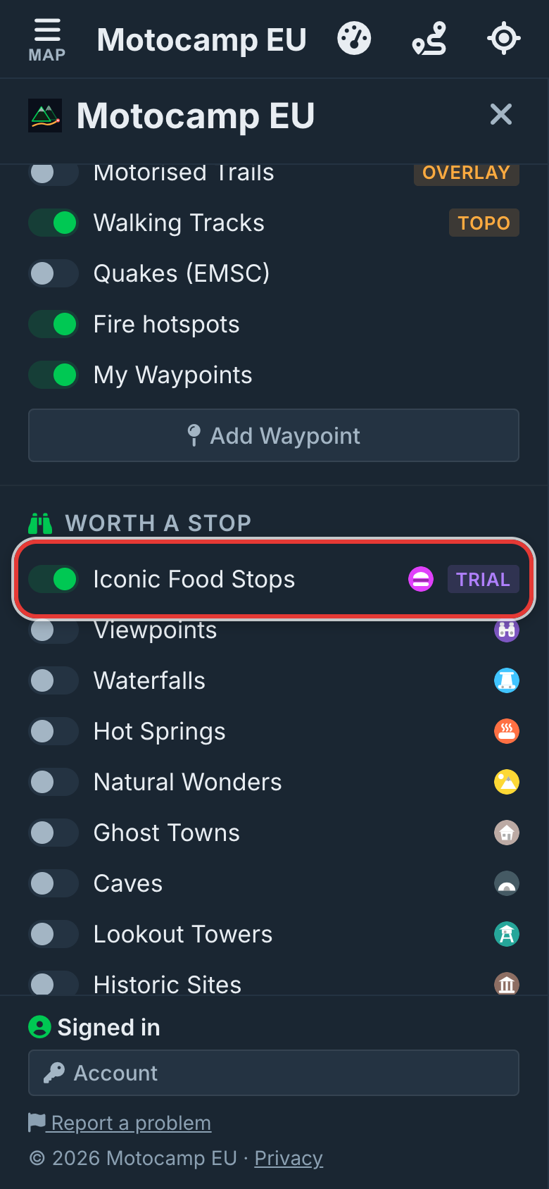 Switch on Iconic Food Stops, on a phone