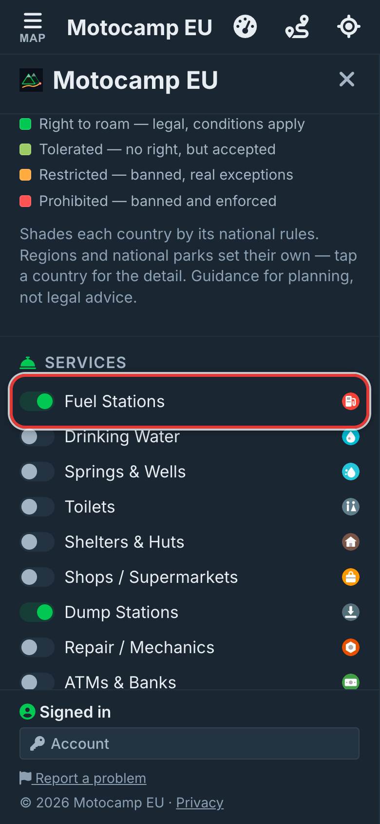 Turn on Fuel Stations, on a phone
