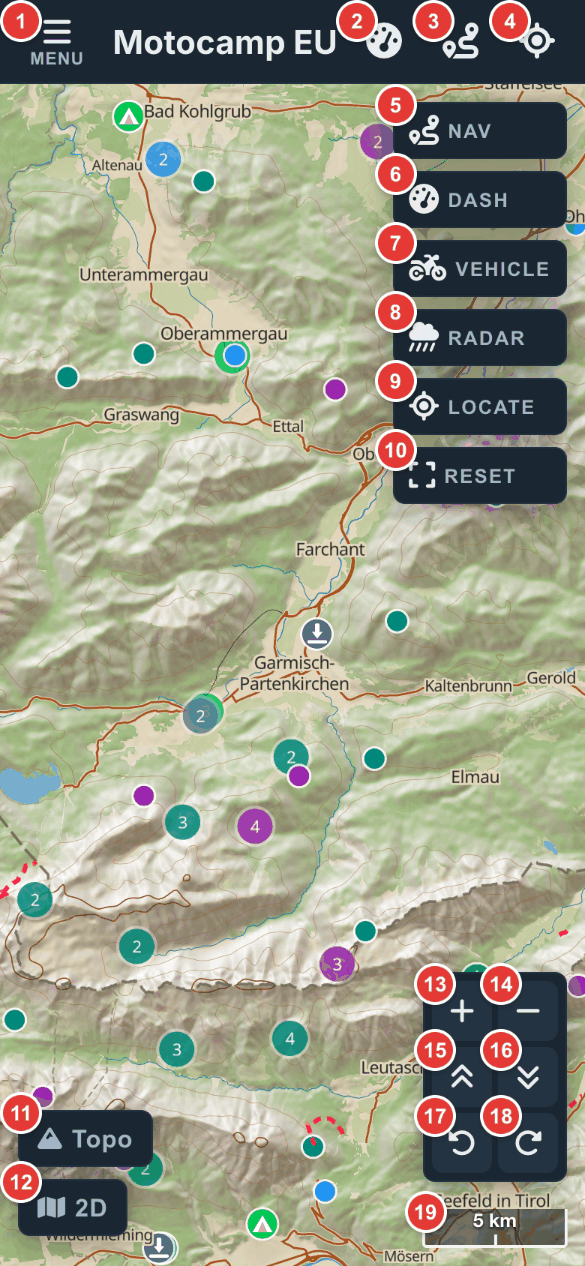 The main map on a phone, with each button numbered.