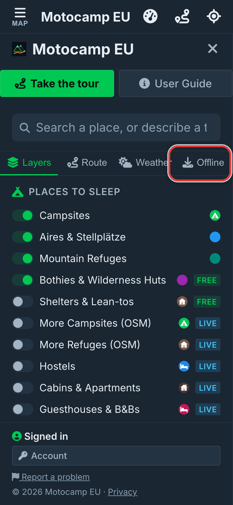 Open Menu, then Offline, on a phone