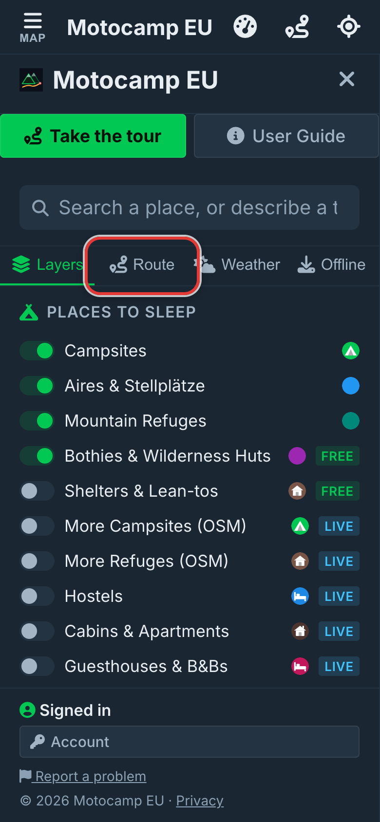 Open Menu, then Route, on a phone