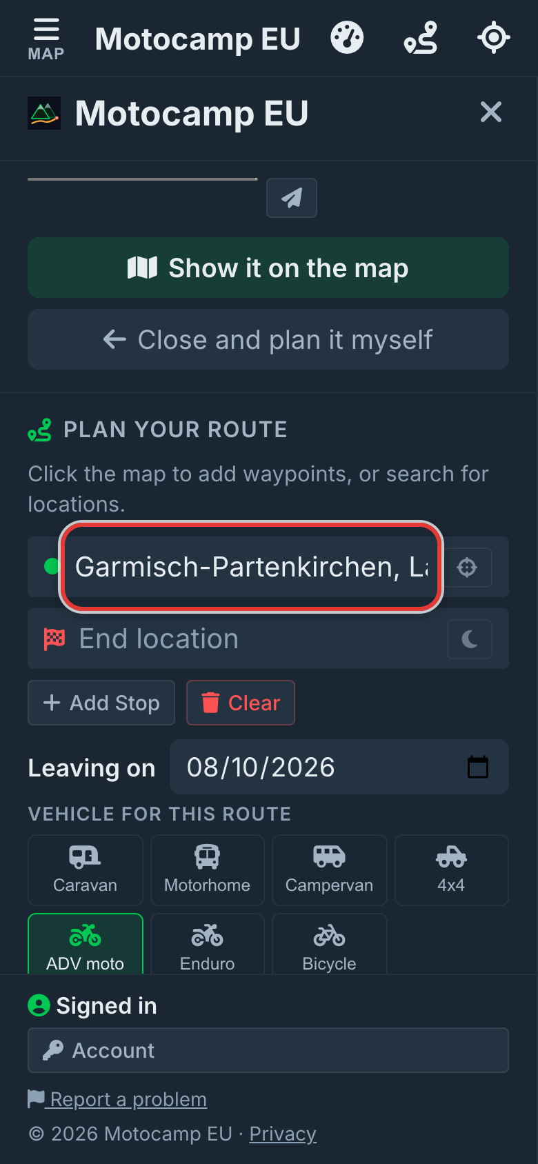 Type your Start location, on a phone