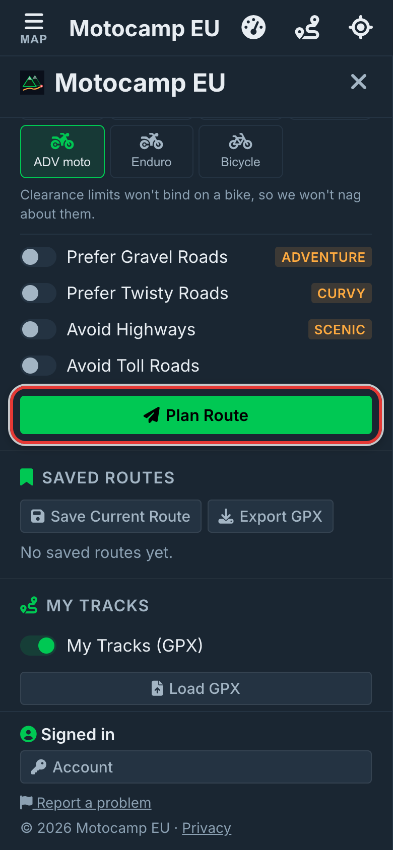 Plan Route, in the Route tab.