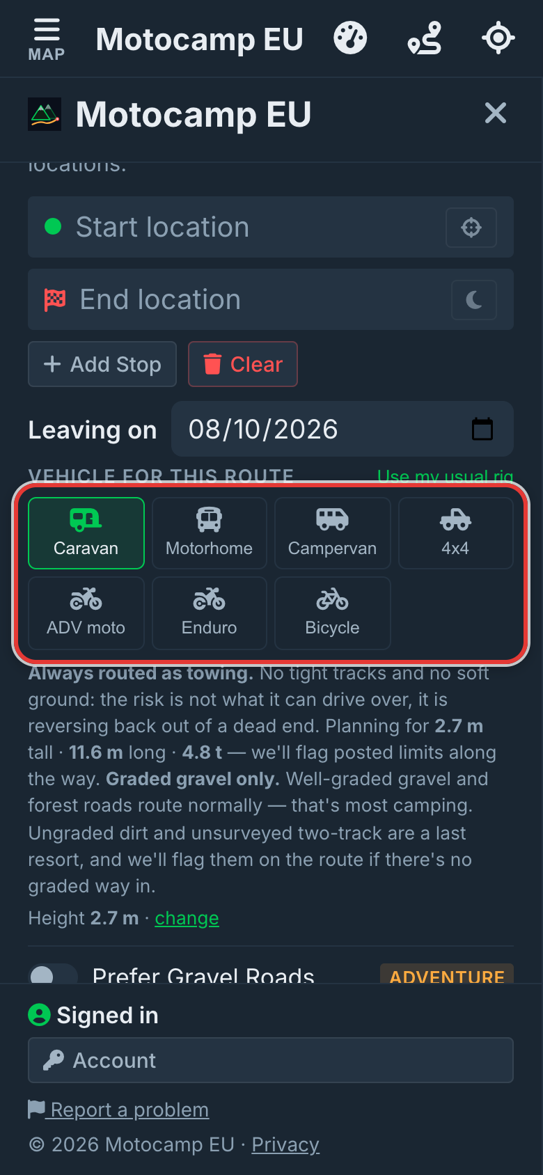 Open Menu, then Route, on a phone