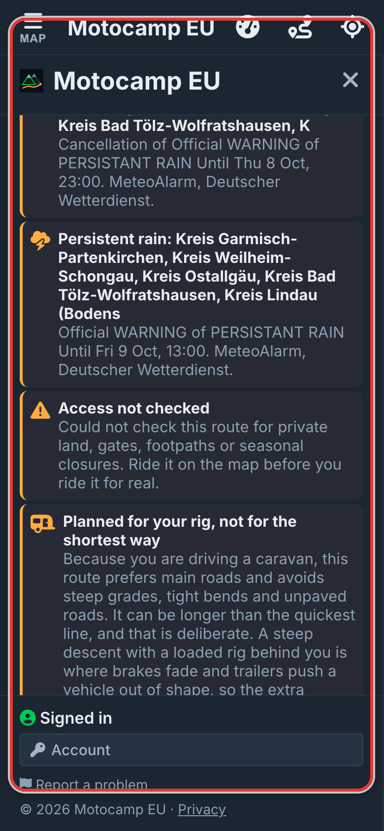 Plan Route, then read Warnings, on a phone