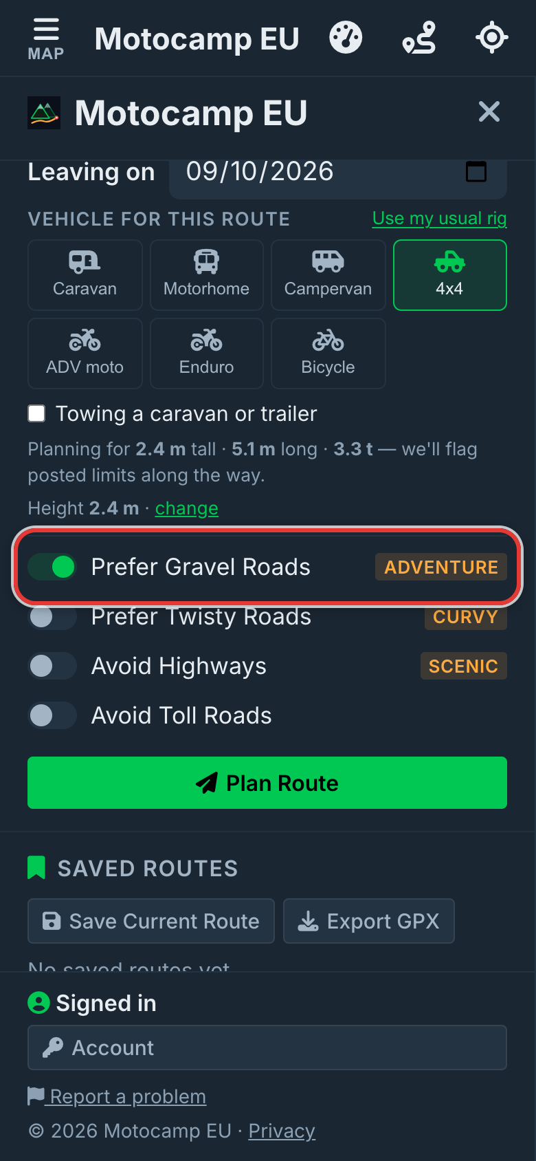 Turn on Prefer Gravel Roads, on a phone