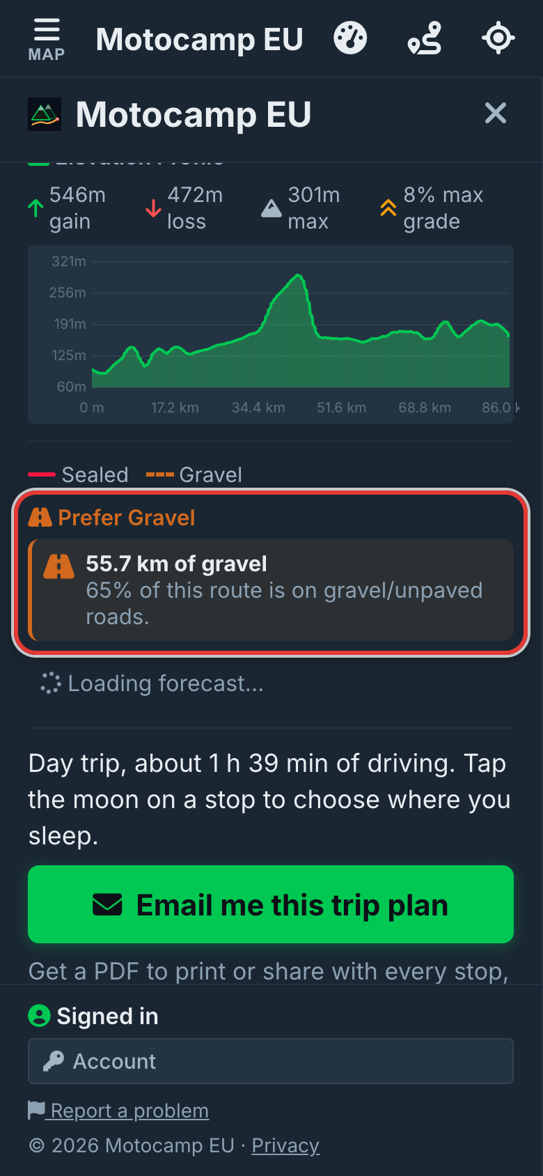 Plan Route and see the result, on a phone