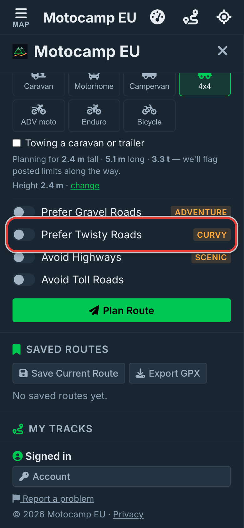 Twisty, highways and tolls, on a phone