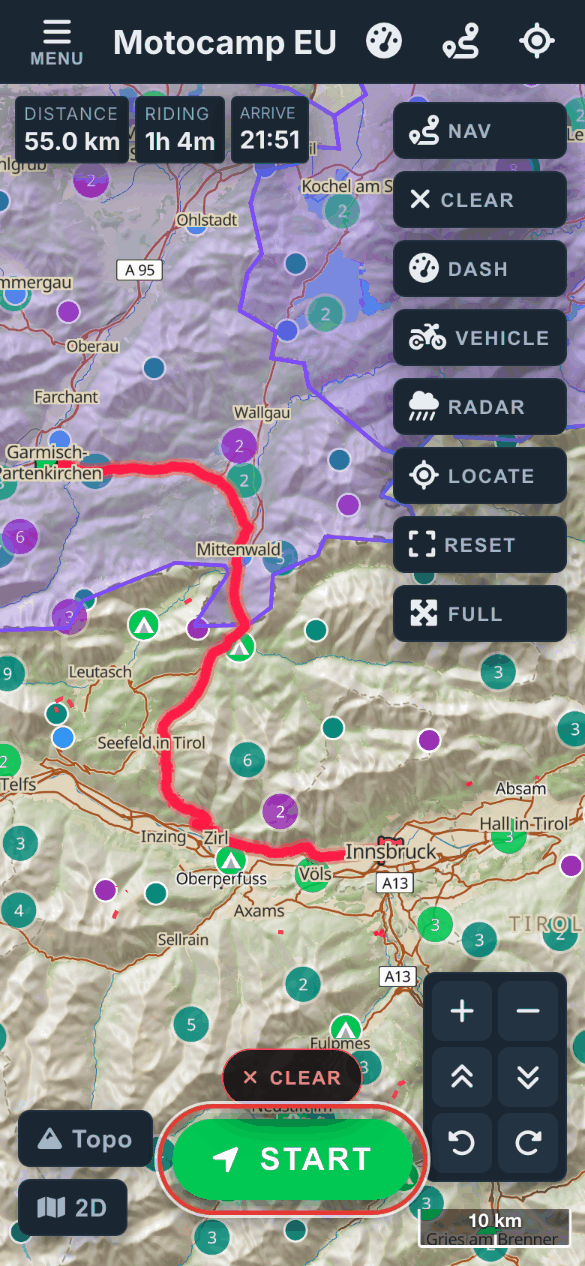 The Start button on the map, once a route is planned.
