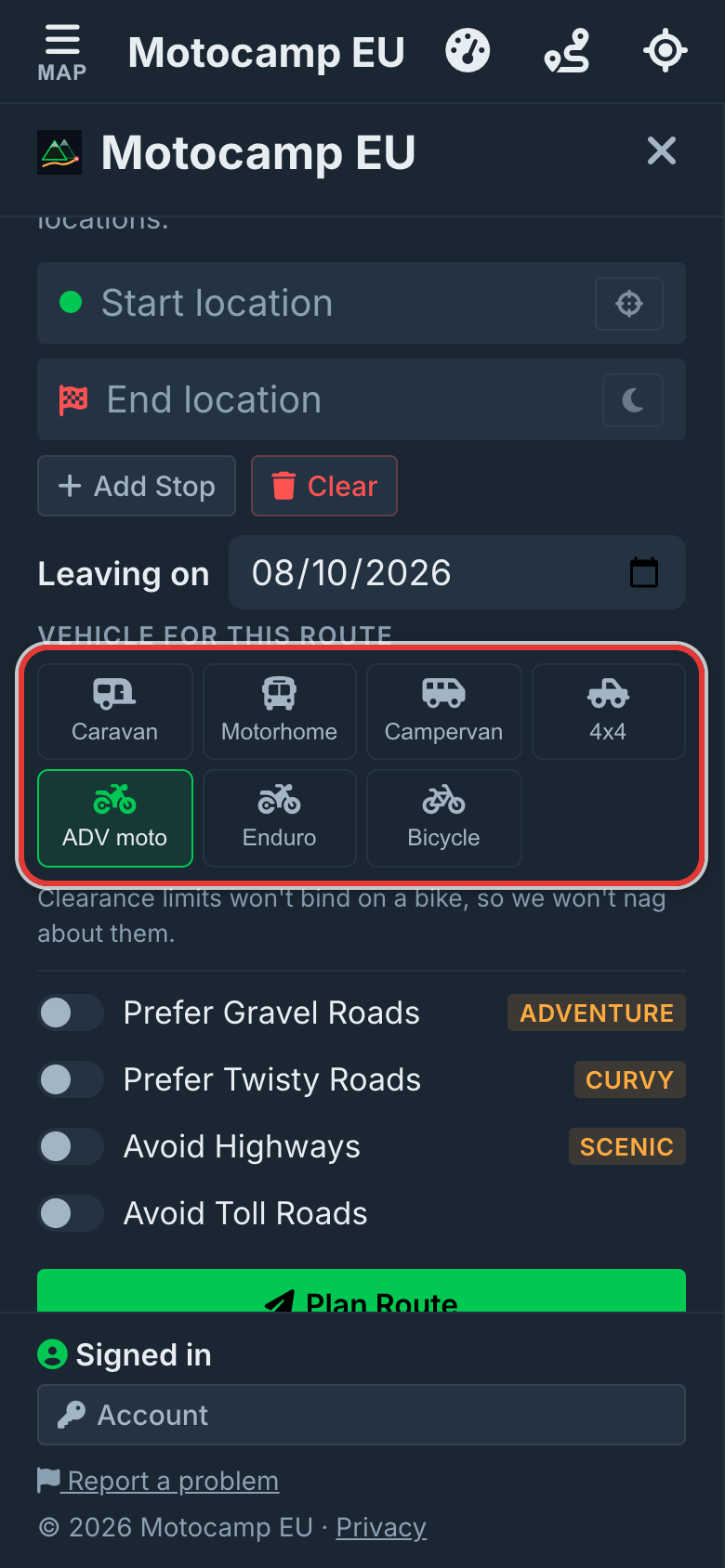 Open Menu, then Route, on a phone