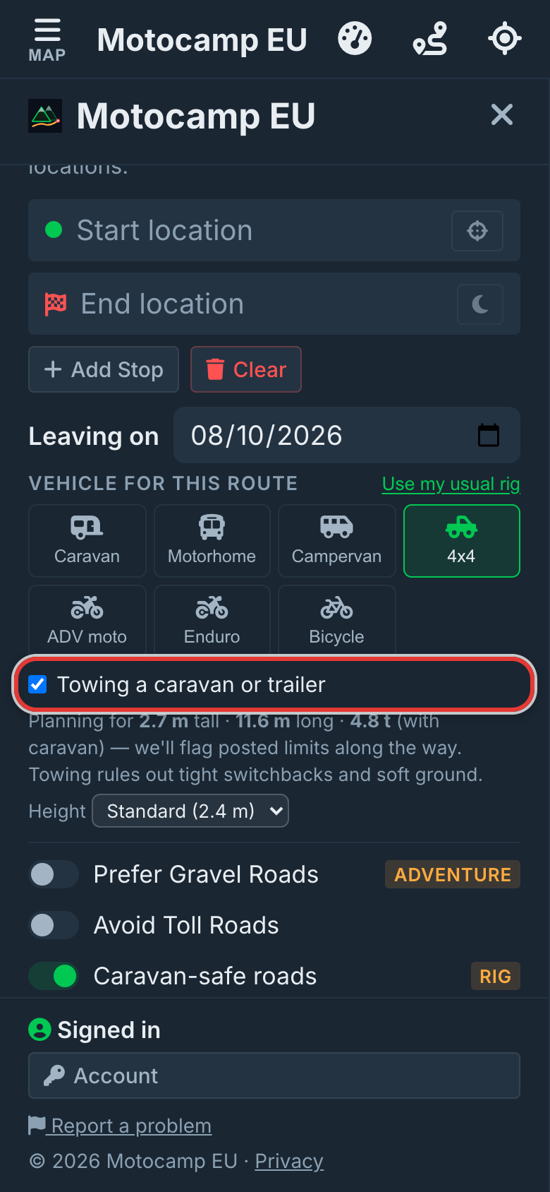 Pick your rig, or tick towing, on a phone