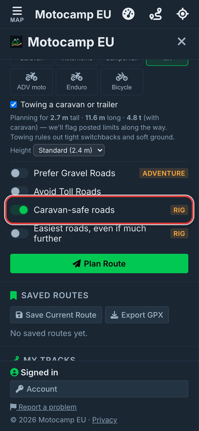 Leave Caravan-safe roads on, on a phone