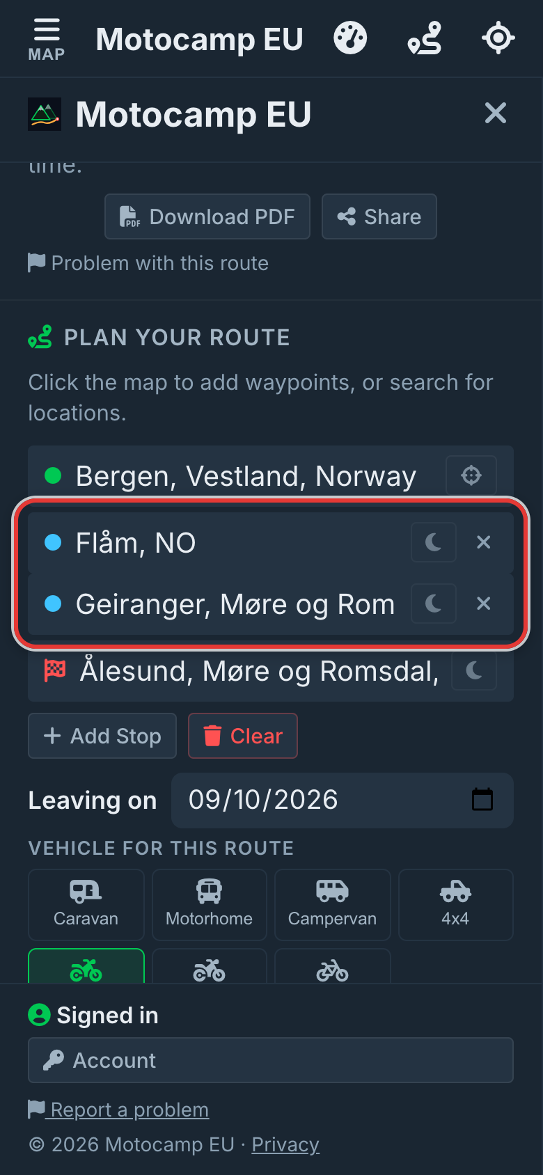 Plan a trip with several stops, on a phone