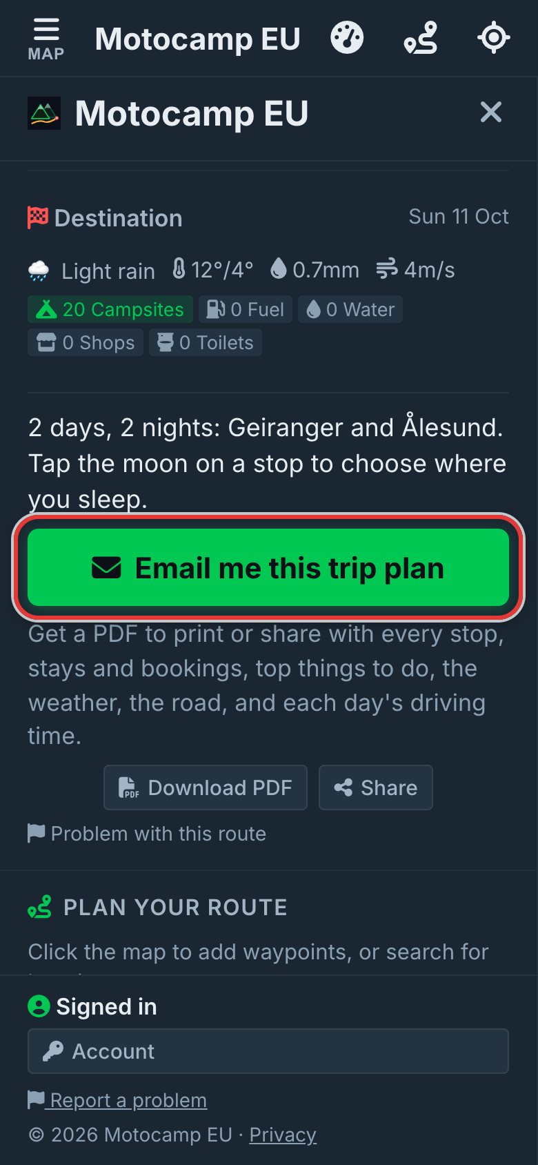 Tap Email me this trip plan, on a phone