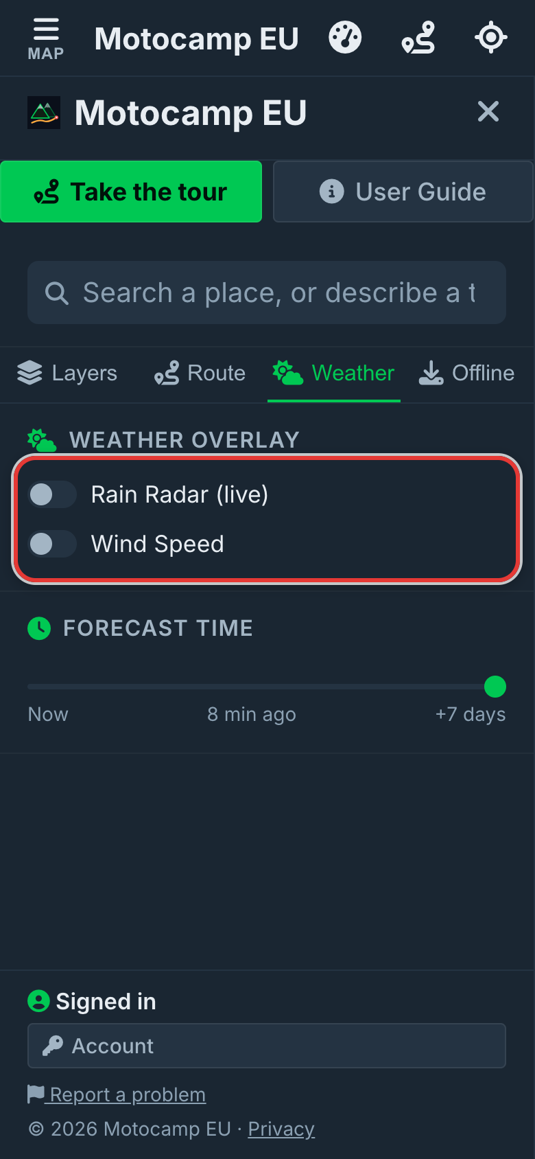 Open Menu, then Weather, on a phone