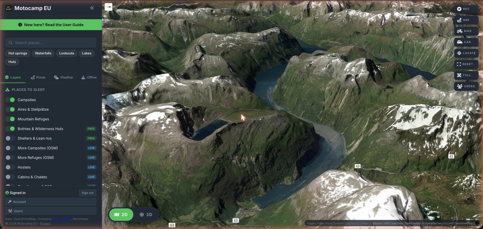 Geirangerfjord in 3D satellite view in Motocamp EU, the fjord winding west between snow-streaked walls, with route 63 (the Trollstigen and Ørnevegen road) labelled along the shore.