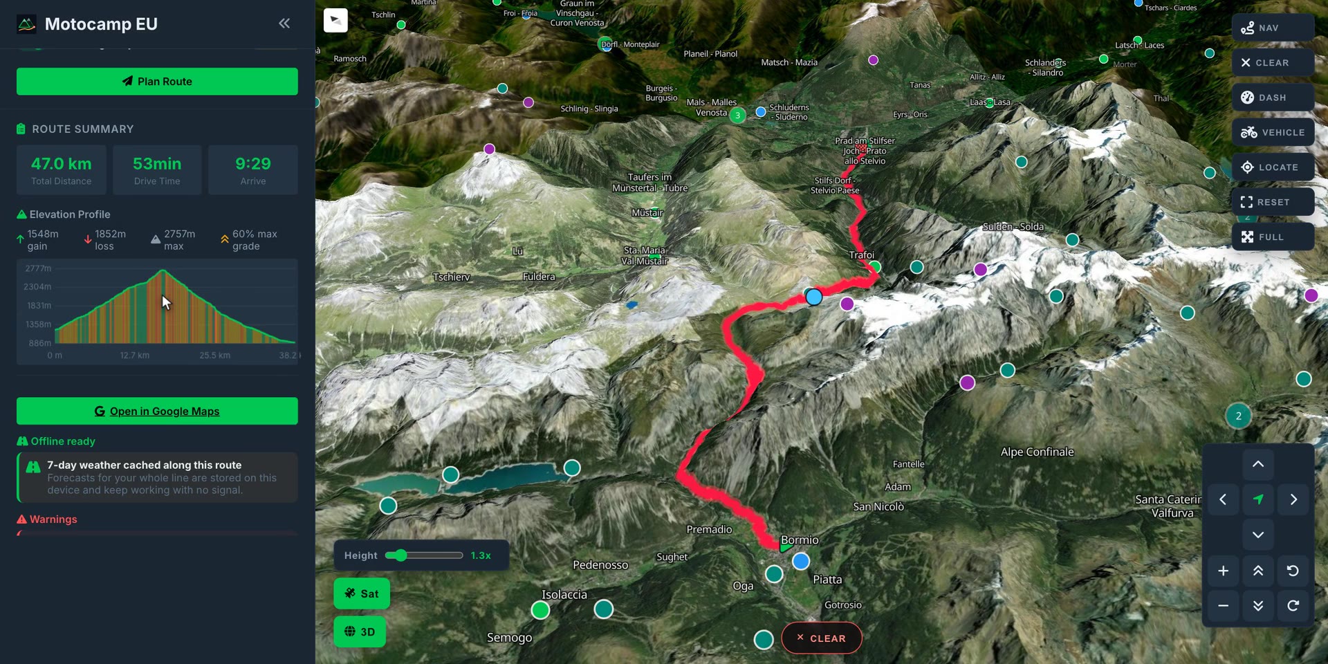 The Stelvio from Bormio to Prato in Motocamp EU: a red line over the pass in 3D satellite, and the elevation profile showing 1,548 m of gain to 2,757 m at up to 60 percent grade over 47 km.
