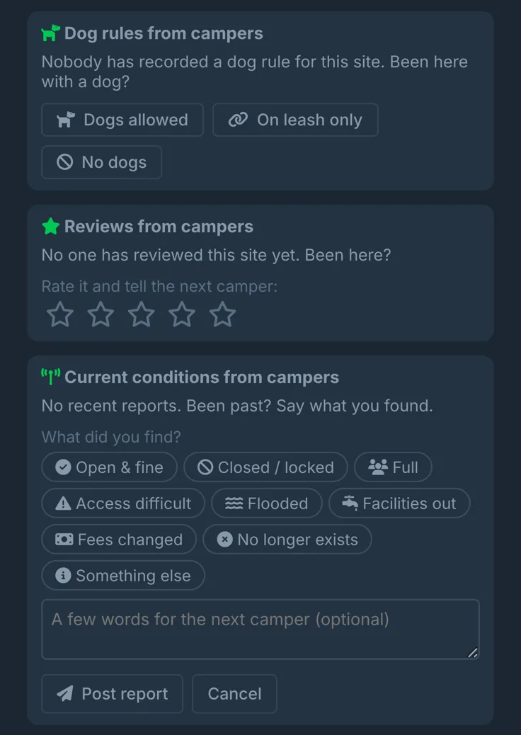 The campsite panel's review section: camper-reported dog rules with three answer buttons, a five-star review prompt, and a current-conditions report form with tags like Closed, Full, Flooded and Fees changed.