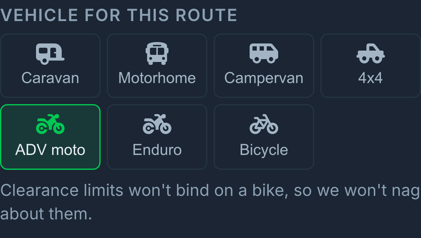 The Vehicle for this route panel in the app, with seven options: Caravan, Motorhome, Campervan, 4x4, ADV moto, Enduro and Bicycle. ADV moto is selected.